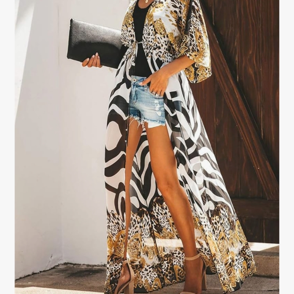 Elegant Animal Print Swim Cover-Up Kimono